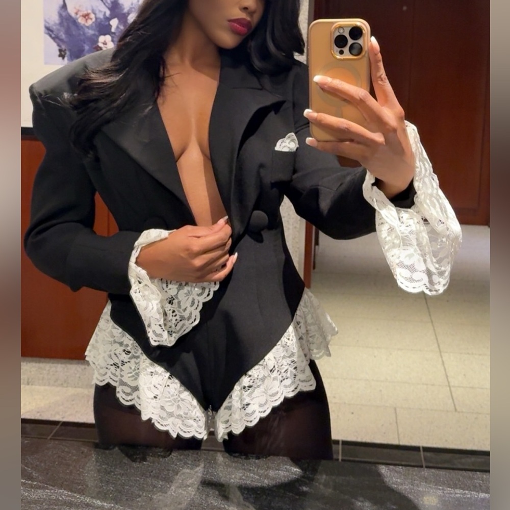 (SOLD) Elegant Black Lace-Trimmed Women's Blazer Romper